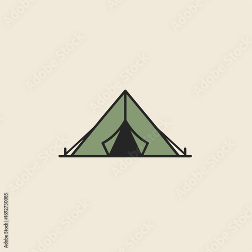 Illustration of a green camping tent with a black entrance on a beige background.