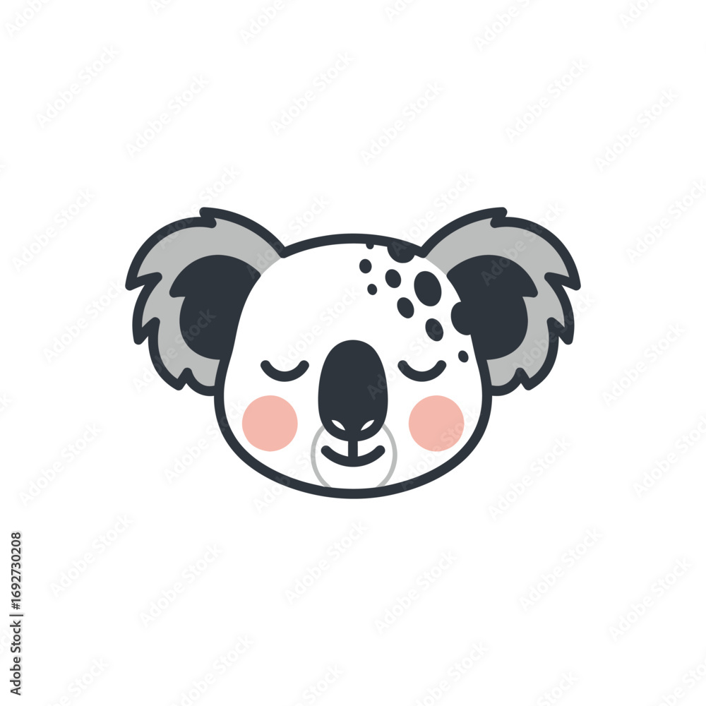 Fototapeta premium Cute koala bear face with closed eyes and pink cheeks.