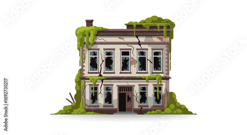 Ruined two-story building overgrown with moss and vines. Old abandoned house with broken windows and cracked walls, isolated illustration