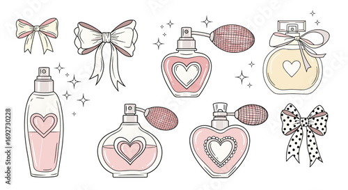 A collection of adorable pink perfume bottles and bows with sparkles