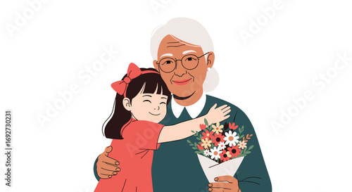 Granddaughter hugs beloved grandmother holding a bouquet of colorful flowers together happily