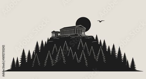 Temple on the Hill Serene Silhouette of Ancient Architecture and Nature