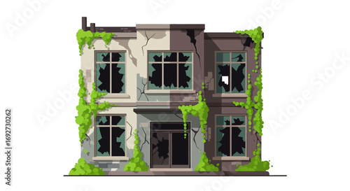 Pixel Art of Dilapidated Building with Vines and Broken Windows