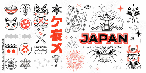Collection of japanese cultural icons and symbols in a doodle art style with the word japan