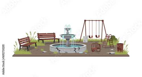 Playground Oasis A Tranquil Scene with Bench, Fountain, and Swingset