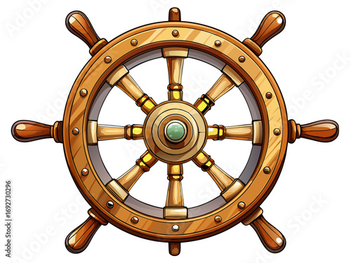A high-quality vector illustration of a ship steering wheel made of polished wood and brass, isolated on a white background