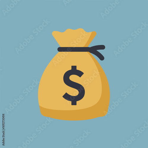 A stylized illustration of a yellow money bag with a black tie and a dollar sign on a plain blue background.