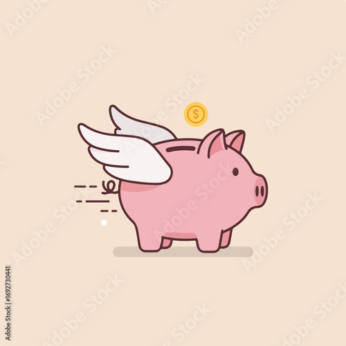 Flying Piggy Bank with Coin: A whimsical illustration of savings taking flight.