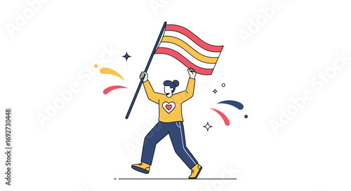 Young person waves spanish flag celebrating national pride and festive spirit