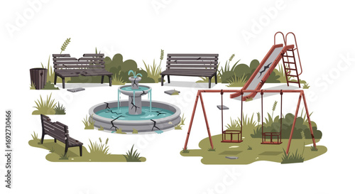 Illustrated park scene showing a children's playground, a water fountain, and benches. A green space for outdoor leisure