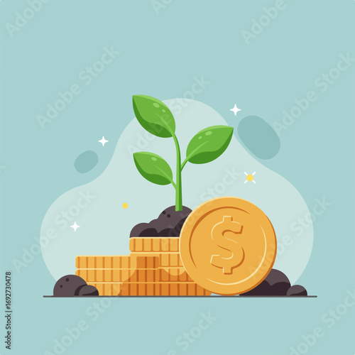 A young plant sprouts from a pile of gold coins, symbolizing financial growth and investment.