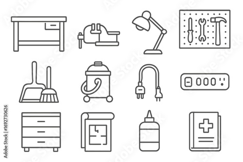 Workshop Essentials Icons. Line style icons of workshop essentials: workbench, bench vise, task light, pegboard wall; dustpan and