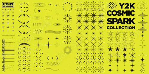 Y2k cosmic spark collection of retro futuristic graphic elements and icons