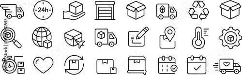 Logistics and delivery icons set, shipping and supply chain vector symbols for courier, tracking, warehouse, ecommerce, transport, and service