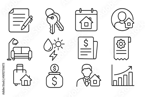 Rental Icons Collection. Line style icons of rental and lease: lease agreement, apartment keys, rent due icon, tenant profile;