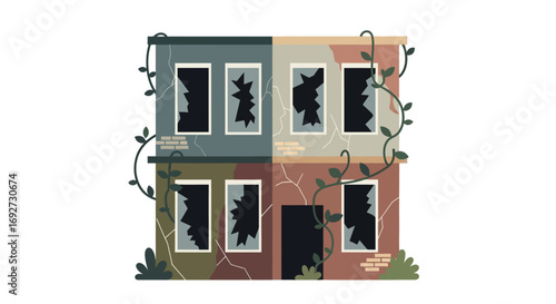 Dilapidated urban building with broken windows and overgrown vines, symbolizing decay and neglect
