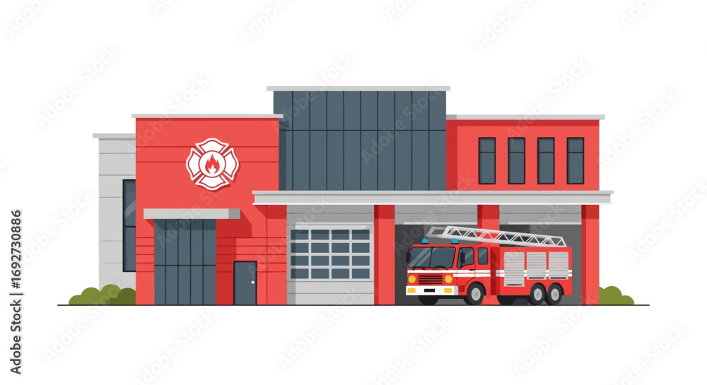Obraz premium Fire Station Modern Facility with a Fire Truck Ready for Emergency Response in Flat Design