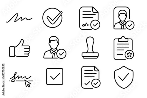 Approval Icons Set. Line style icons of approvals and sign-offs: signature icon, approval checkmark, completed form, signed doc;