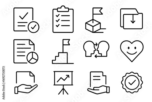 Project Closure Icons. Line style icons of project closure: completed project icon, closure checklist, final delivery icon,