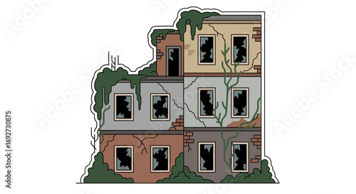 Ruined Building, Overgrown with Vines Pixel Art Illustration