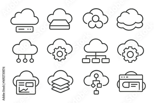 Cloud Computing Icons. Line style icons of cloud computing services: IaaS icon, PaaS platform, SaaS bubble, cloud layers icon;