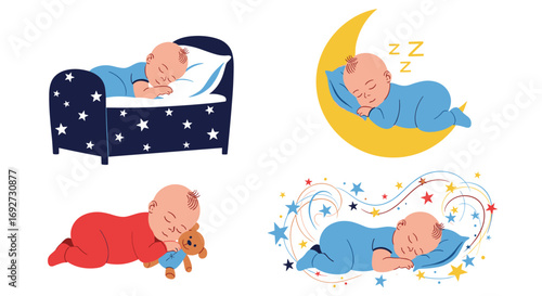 Adorable baby sleeping peaceful dreams under starry night sky moon and cuddly teddy bear