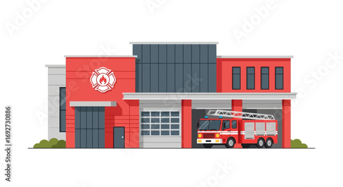 Fire Station Modern Facility with a Fire Truck Ready for Emergency Response in Flat Design