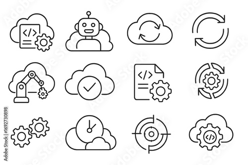 Cloud Automation Icons. Line style icons of cloud automation: script gear, bot in cloud, automation arrows, auto-sync loop; cloud