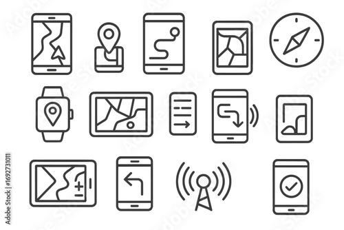 Smart Travel Icons. Line style icons of smart travel navigation: smartphone with map, mobile GPS, app route screen, digital