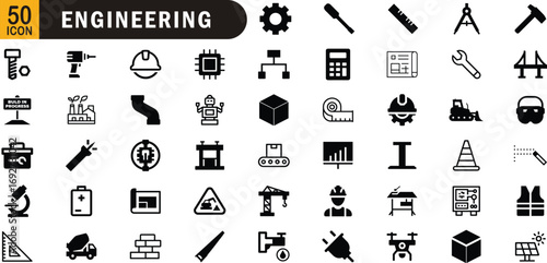 Engineering editable black fill icon set. Tools, construction, machinery, technology, innovation and more.
