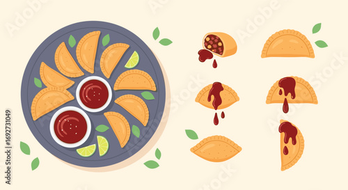 Delicious golden fried empanadas served with spicy dipping sauce and lime wedges