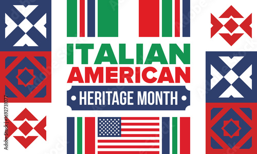 Italian American Heritage Month. Happy holiday celebrate annual in October. Italy and United States flag. Culture month. Patriotic design. Poster, card, banner, template. Vector illustration