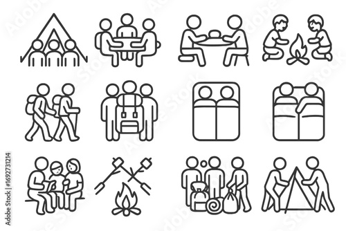 Group Camping Icons. Line style icons of group camping: group tent icon, shared meal, kids around fire, buddy walk; team hike,