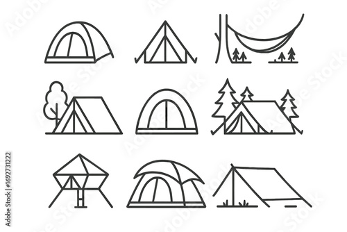 Line Style Tents. Line style icons of tents and shelters: dome tent, triangle tent, hammock, tarp shelter; tent with tree, zipped