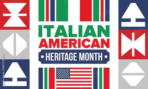 Italian American Heritage Month. Happy holiday celebrate annual in October. Italy and United States flag. Culture month. Patriotic design. Poster, card, banner, template. Vector illustration