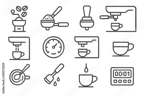 Coffee Brewing Icons. Line style icons of brewing steps: grind beans, fill portafilter, tamp coffee, lock in group head; start
