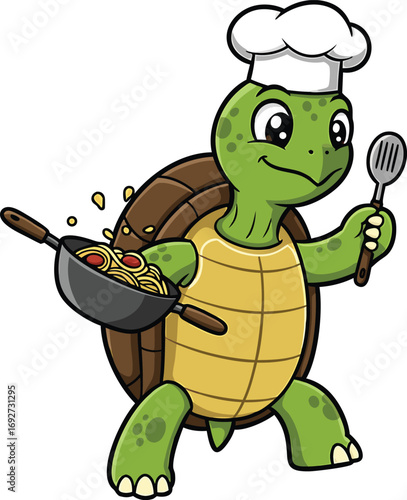 A cheerful cartoon turtle chef cooking delicious pasta in a frying pan ready to serve