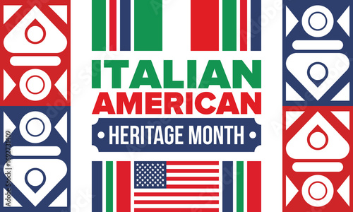 Italian American Heritage Month. Happy holiday celebrate annual in October. Italy and United States flag. Culture month. Patriotic design. Poster, card, banner, template. Vector illustration