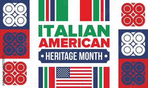 Italian American Heritage Month. Happy holiday celebrate annual in October. Italy and United States flag. Culture month. Patriotic design. Poster, card, banner, template. Vector illustration