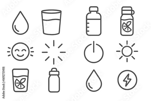 Hydration and Energy Icons. Line style icons of hydration and energy: water droplet, glass of water, hydration tracker, infused
