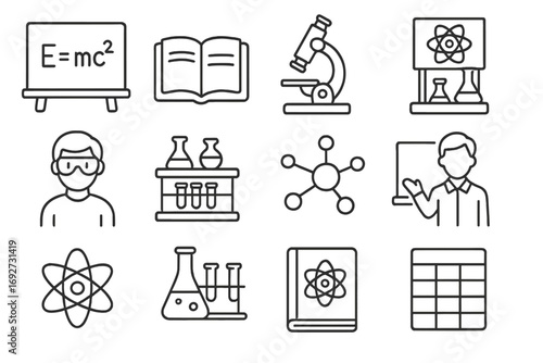 Science Education Icons. Line style icons of science education: blackboard with formula, open textbook, school microscope, science