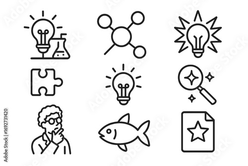 Scientific Discovery Icons. Line style icons of scientific discovery: lightbulb over lab, new molecule, innovation burst, Eureka