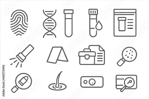 Forensic Science Icons. Line style icons of forensic science: fingerprint, DNA match, blood sample, evidence bag; UV light, crime