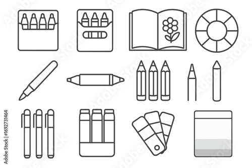 Coloring Supplies Icons. Line style icons of coloring supplies: marker pack, crayon box, coloring book, color wheel; brush pen,