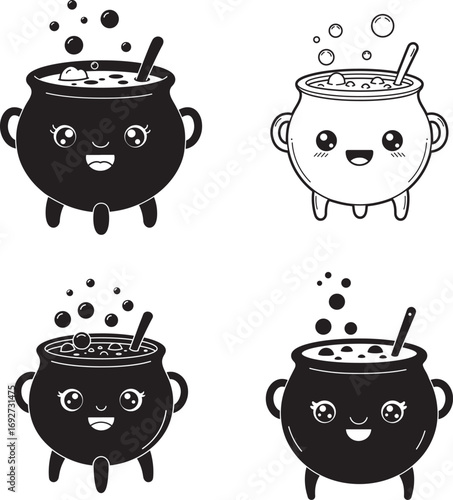 Four cute kawaii witch cauldrons with bubbles silhouette
