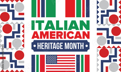 Italian American Heritage Month. Happy holiday celebrate annual in October. Italy and United States flag. Culture month. Patriotic design. Poster, card, banner, template. Vector illustration