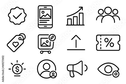 Influencer Toolkit Icons. Line style icons of influencer tools: verified badge, sponsored post, insight chart, follower growth;