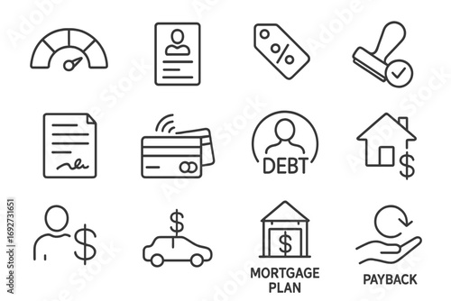 Credit Icons Collection. Line style icons of credit and loans: credit score, loan form, interest rate tag, approval stamp; signed