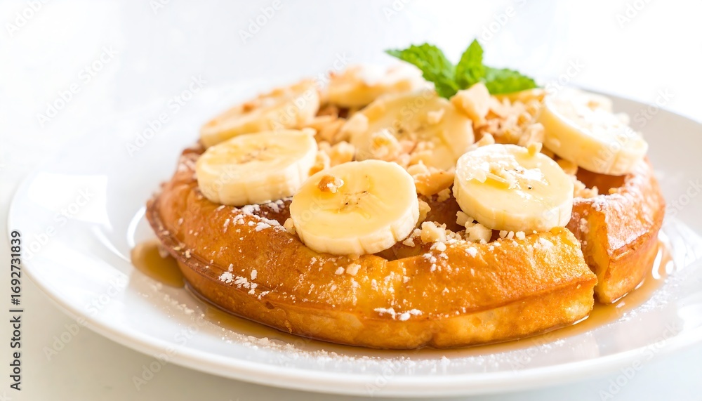 Fluffy waffle topped with sliced bananas, nuts, and powdered sugar Fluffy waffle topped with sliced bananas, nuts, and powdered sugar