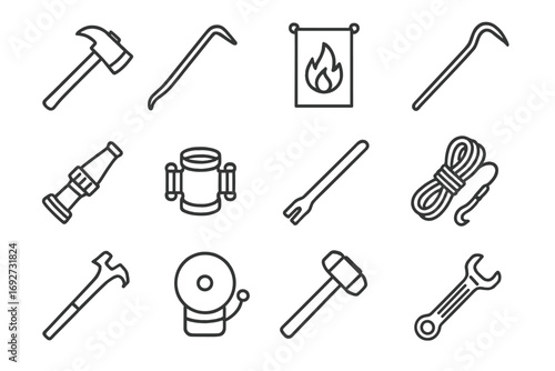 Firefighting Tool Icons. Line style icons of firefighting tools: axe, crowbar, fire blanket, fire hook; nozzle, hose connector,